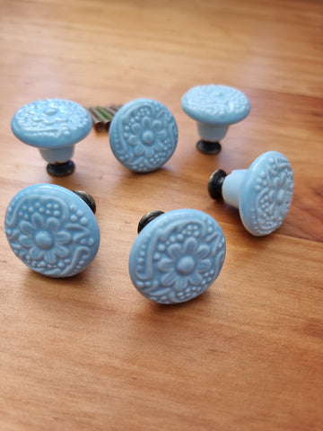 Ceramic duck egg blue floral Drawer handle pull